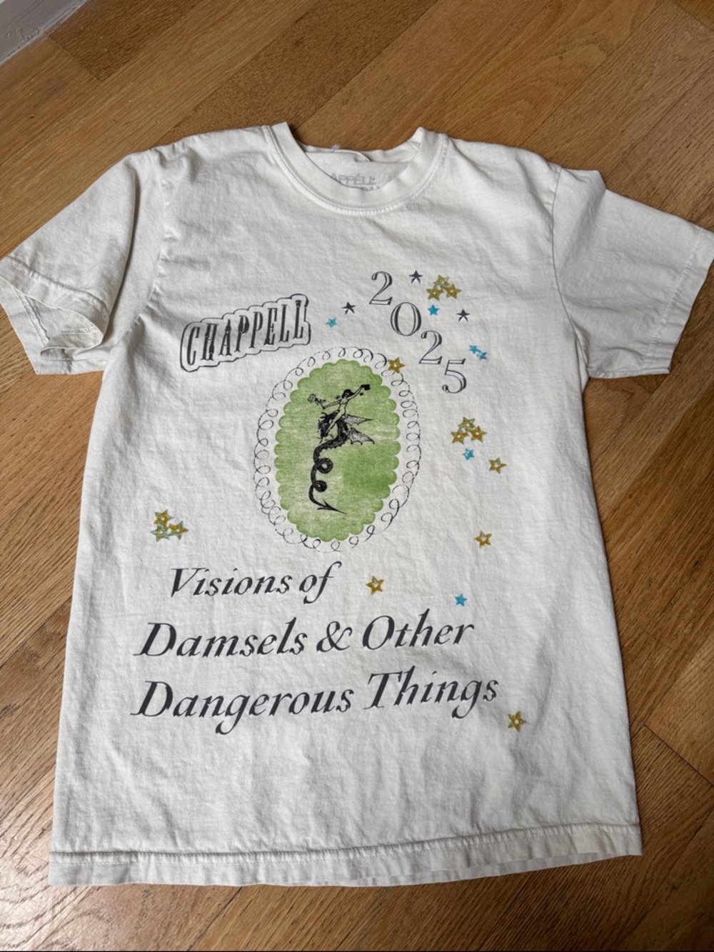 Chappell Roan 2025 popup concert tee-shirt, off white + green